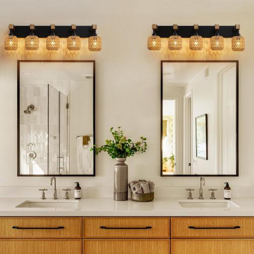 5 Light Bathroom Vanity Light Fixtures, Rustic Style Wood Bathroom Wall Sconce, with Boho Wicker Lampshade, Rattan Black Farmhouse Wall Sconce for Bedroom, Hallway, and Living Room