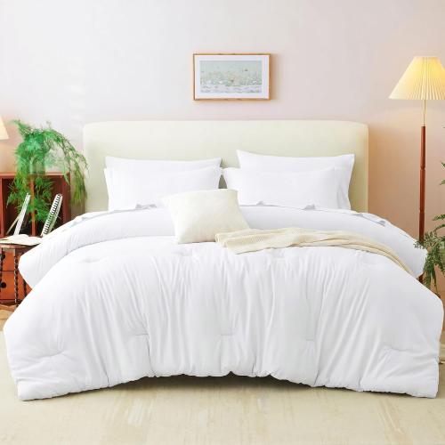 CozyLux Queen Comforter Set White, 7 Pieces Bed in a Bag Queen Comforter Set with Sheets, Luxury Soft Bedding Sets with Down Alternative Comforter, Fitted Sheet, Flat Sheet, Pillowcases & Shams