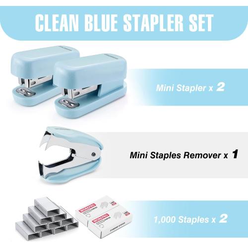 WORKPRO Mini Stapler with Staples, Blue Stapler Set Includes Two Small Staplers, One Staple Remover, 2000 Standard Staples, Lock Design, Non-Slip Base - Staplers for Desk, Classroom, Office