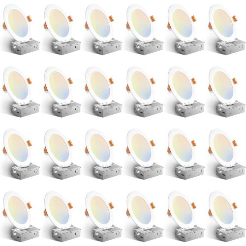 24 Pack 6 Inch Amico 5CCT Ultra-Thin LED Recessed Ceiling Light with Junction Box, 1050LM Brightness, Dimmable Canless Wafer Downlight, 12W, ETL&FCC