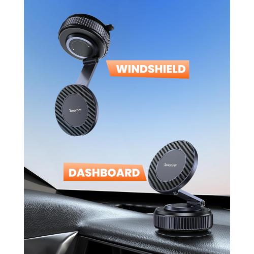 Suction Phone Mount for Car Dashboard/Windshield - 360°Adjustable Magnetic Phone Holder for Car, Foldable Car Phone Holder for iPhone 17/16/15/14/13/12 Series (Carbon Fiber & Aluminum Alloy)