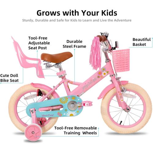 JOYSTAR 12 14 16 Inch Kids Bike with Training Wheels Girls Bike with Doll Seat Basket & Streamers Kids Bicycle for Girls 2-7 Years Toddler Girl Bikes