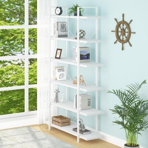 6 Tier Tall White Bookshelf, Industrial Modern Vertical Metal and Wood White Bookcases 6 Shelf,Farmhouse Open Large Storage Book Shelves & Display Book Shelf for Bedroom Living Room Office