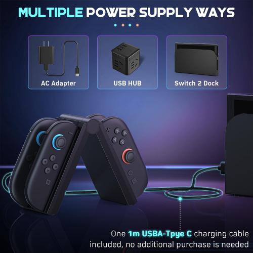 innoAura Switch 2 Charging Dock J-Con, 4 in 1 Fast Charger Station with LED Indicator, Foldable & Magnetic, Travel-Friendly, Switch 2 J-Con Accessories with 3FT USB C Cable