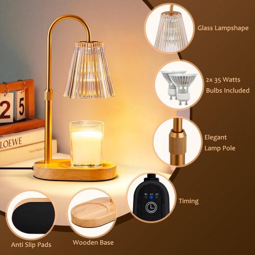 Candle Warmer Lamp with Timer: Electric Candles Wax Warmers Glass Lamps for Jar Candles Burner Adjustable Height and Dimmable Light Modern No Flame Scented Candle Warming Lantern, Amber