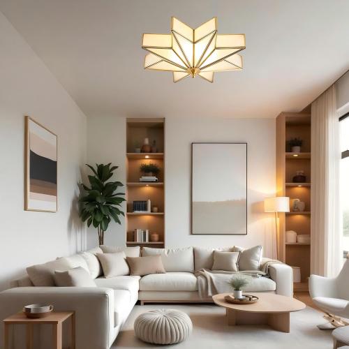 LIGHTLAND 19.7 Inch Flush Mount Star Ceiling Light, 4 Lights Brass Ceiling Lamp with Glass Lampshade, Art Deco Close to Ceiling Light Fixtures for Bedroom Living Room Entryway Hallway, Gold