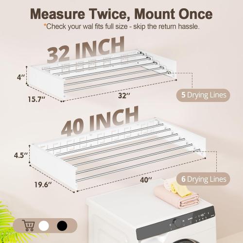 Wall Mounted Clothes Drying Rack Folding Indoor, Foldable Laundry Drying Rack Collapsible,Invisible, Space Saving, Retractable Towel Drying Rack, with Wall Template(6 Drying Rods, White 40)