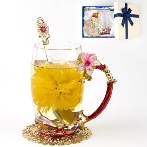 Flower Tea Cup, Lily Flower Clear Glass Fancy Coffee Mug with Spoon,Gift Box for Her Mom Wife Grandma Girls Friends Valentines Christmas Birthday Present Idea for Juice,Hot And Cold Drinks Use