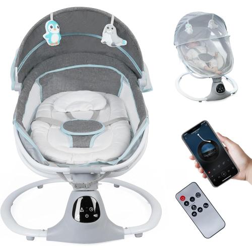 Electric Baby Swing for Infants to Toddler, Portable Swing Baby Rocker with 5 Point Harness, 5 Sway Speed, Bluetooth,12 Preset Lullabies with Remote Control, Infant Swing for Baby Boys & Girls, Grey