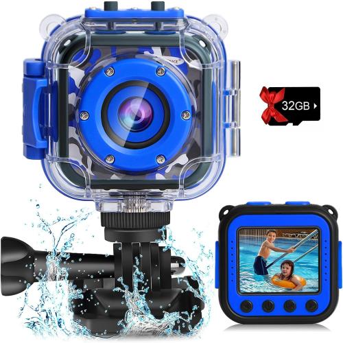 PROGRACE Pool Toy & Kids Underwater Camera - IP68 Waterproof Action Camera for Boys Ages 3-12, 1080P Video, 32GB Card, Mount for Bike & More, Birthday Gift for Diving, Swimming, Riding, Snorkeling