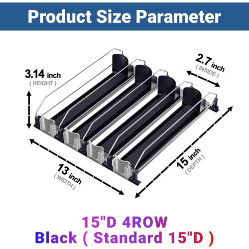 Drink Organizer for Fridge,12oz 16oz 20oz - Soda Can Dispenser for Refrigerator,Width Adjustable,Automatic Pusher Glide (Black, 15D 4ROW, Holds 20 Cans)