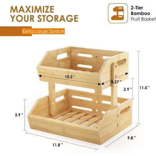 2-Tier Bamboo Fruit Basket, Fruit Basket for Kitchen Fruit Holder, Fruteros Para Cocina, Fruit Bowl for Onion Potato Bread Snack and Kitchen Countertop Organizer