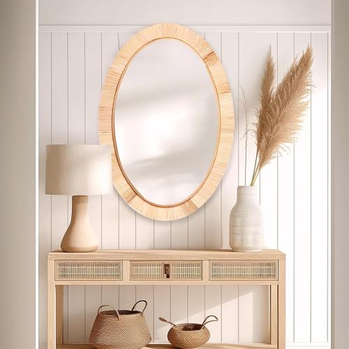 Rattan Mirror,Oval Boho Bathroom Mirror for Wall,20x30 Wicker Vanity Mirror for Nursery Décor,Coastal Farmhouse Wood Mirror for Bedroom Entryway Living Room