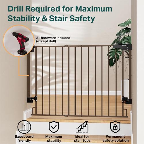 Cumbor 29.2–43 Baby Gate for Stairs, Wall-Mounted (Drill Required), Expandable No Bottom Bar Dog Gate, Auto Close Extra Wide Walk Thru, Pet & Toddler Proof Gate, Top & Bottom of Stairways (Brown)