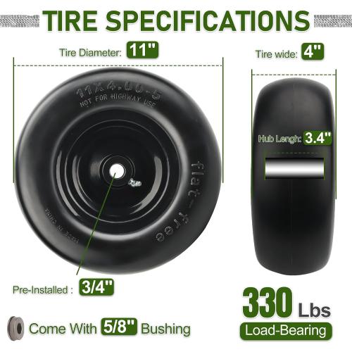 TWO 11x4.00-5 Flat Free Lawn Mower Tires on Wheels, Universal Fit 11x4.00-5 Smooth Tread Tire for Zero Turn Lawn Mowers - with 3/4 Bushings and 3.4-5 Centered Hub - Contain Adapter Kit | Black-2Pcs