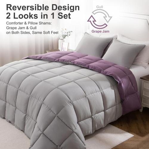 KASENTEX Queen Comforter Set – Reversible Dual Color – Goose Down Alternative – Ultra-Soft, Lightweight, Machine Washable, Maintain Fluffiness, All Season Warmth (Grape Jam/Gull)