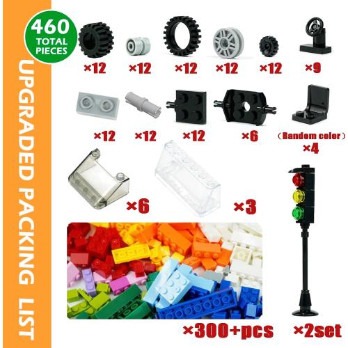 BroTex Wheels and Axles Sets with Steering Wheels& &Windshield&Traffic Light, Over 400pcs Classic Bricks Pieces and Car Parts Kits, Basic Bulk Building Blocks Vehicles with Tires