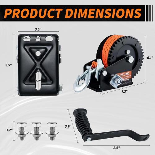 AC-DK 1600lbs Heavy Duty Boat Trailer Winch with 26FT Strap, 2-Way Ratchet & 4:1 Gear Trailer Winch, Portable Hand Crank Winch for Boat, Truck, Trailer, RV, ATV, Jet Ski