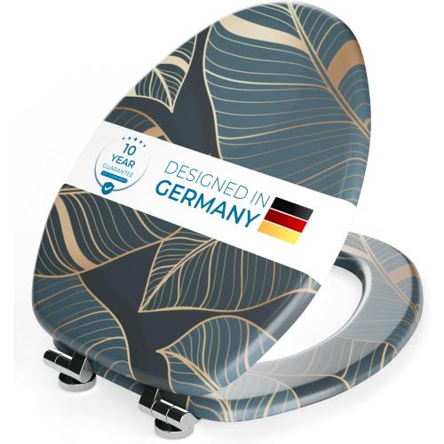 SANILO Wooden Toilet Seat with Soft Close [ELONGATED] - Decorative, Quiet & Slow Close Molded Wood Seat - With Strong Bumpers & Hinges - Adjustable Fit - Monstera