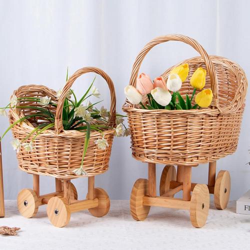 Woven Rattan Stroller Shaped Flower Basket, Vintage Wicker Baby Carriage Planter for Floral Arrangements, Baby Shower Wedding Party Decor Centerpieces for Tables, Floral Rustic Home Decor (Small)