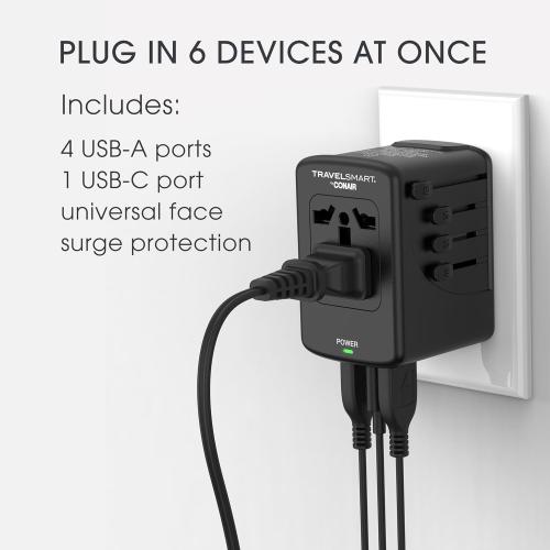 Conair Fast Charge Universal Travel Adapter - All-in-One European and Worldwide Travel Plug Adapter with Surge Protection - Includes USB C Port