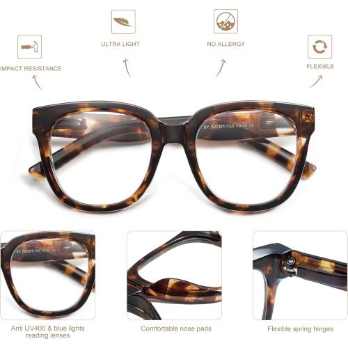 AMOMOMA 3 Pack Oversized Square Reading Glasses for Women,Stylish Retro Cute Blue Light Computer Womens Readers AM6122