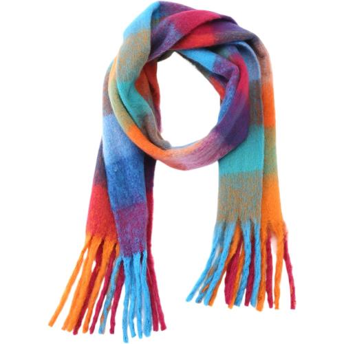 Winter Warm Super Soft Rainbow Long Shawl,Women's Faux Cashmere Knitted Thick Blanket Scarf,Tassels Scarf