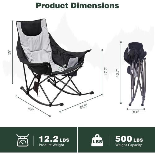 SUNNYFEEL Oversized Heated Rocking Camping Chair, Fully Padded Patio Chair with Side Pocket, High Back Portable Lawn Recliner with Carry Bag, Outdoor Rocker Camp Chair for Adults Heavy Duty 500 LBS