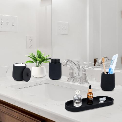 Black Bathroom Accessories Set - 4 Pcs Bathroom Accessory Sets with Toothbrush Holder,Lotion Soap Dispenser,Qtip Holder Dispensr & Vanity Tray,Bathroom Countertop Vanity Oganizer - Matte Black