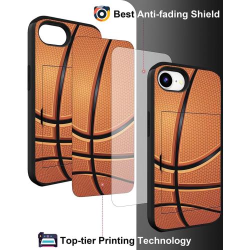 Compatible for iPhone 16e Case with Card Holder Cute - Kawaii Design Military-Grade Drop Protection Rugged Wallet Cases for Women (Black Basketball Sports)