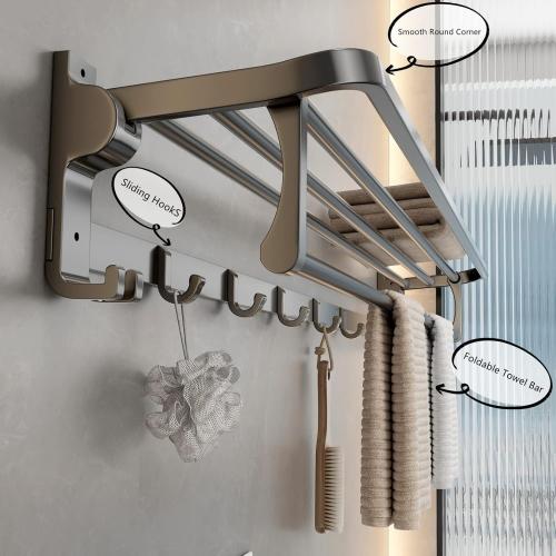 Bathroom Towel Rack with Towel Bar and Hooks 23.6 in Foldable Towel Shelf Wall Mounted Lavatory Towel Organizer Modern Gray Finish