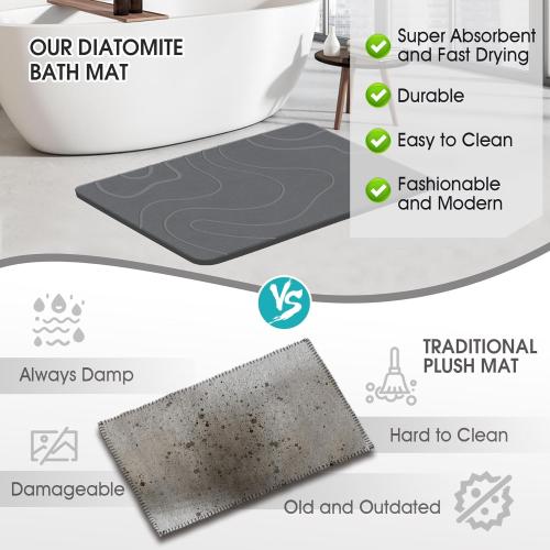 Stone Bath Mat Diatomaceous Earth Shower Mat Non-Slip Super Absorbent Diatomite Stone Mats for Bathroom Floor Quick-Drying Easy to Clean (24''*16'' Grey)