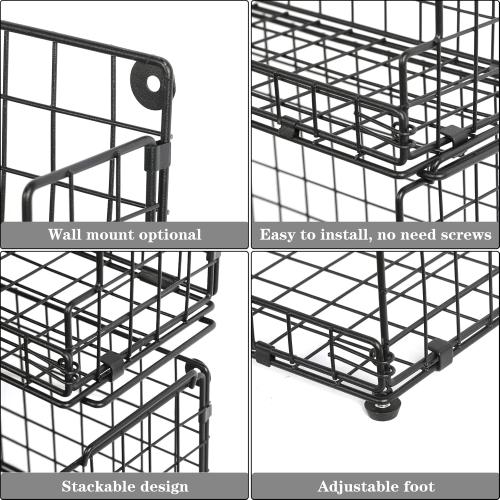 X-cosrack Stackable Wire Basket 3 Tier Countertop& Wall Mounted Metal Storage Basket for Kitchen Pantry Cabinet, Muti-functional Open Front Bin Organizer for Food Fruit Snack, Black