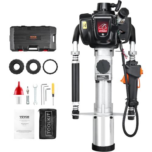 VEVOR 37.77cc Gas-Powered T Post Driver, 4-Stroke Engine Gasoline Fence Piling Pounder, with 3 Post Driving Head(45/55/88 mm), 1000W Portable Piledriver For Farm, Ranch Fencing, Road Improvements