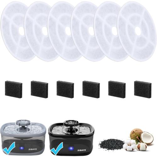SIBAYS 6 Pack 7 Large Cat Water Fountain Filters Replacement for 2.5Gal/9.5L Dog Water Fountain(FS68/FS82) with 4 Layers Filtration System, Made of Coconut Shell Activated Carbon and PP Cotton L03