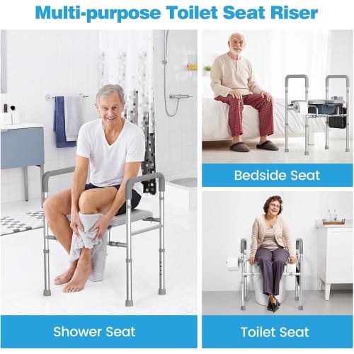 Raised Toilet Seat with Handles, HSA 400LB Adjustable Width and Height Elevated Toilet Seat Riser for Seniors with Cozy Padded Armrests Handles Paper Holder Bedside Commode for Elderly, Silver