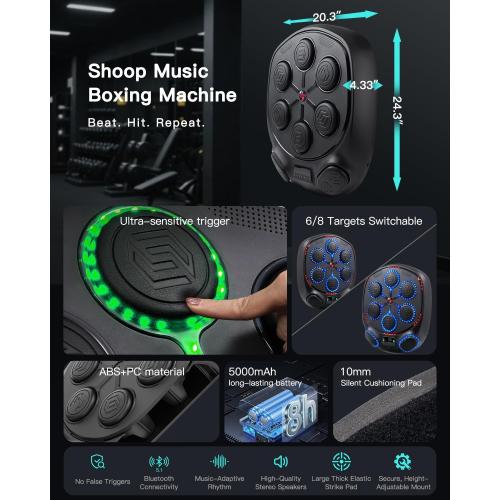 shroop Music Boxing Machine for Adults & Kids — Wall-Mounted Interactive Bluetooth Punch Trainer, High-Sensitivity, Rhythm Adaptation, 6/8 Targets, Ideal for Home, Office, and Gym Use