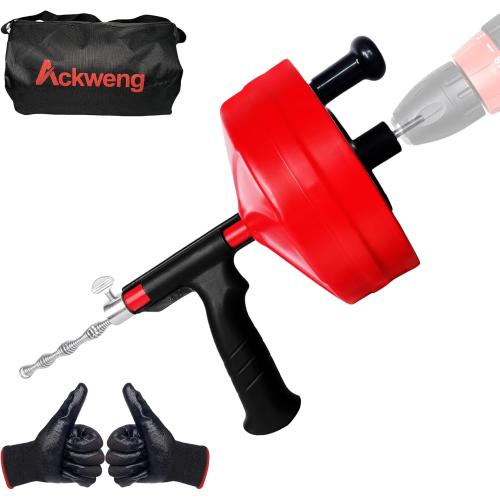 Drain Snake 50 Ft, Plumbing Snake for Sink with Drill Attachment, Snake Drain Clog Remover for Shower Drain, Kitchen, and Sink, Manual or Powered Use, Comes with Gloves and Storage Bag, 1/4 Inch, Red