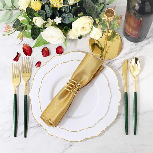 Supernal 180pcs Gold and Green Plastic Silverware Extra Heavy Duty Gold Plastic Cutlery with Green Glitter Handle Disposable Flatware for Parties, Weddings, and Outdoor Events
