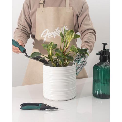 Ceramic Plant Pots, 6/8/10 Inch Ceramic Planter with Drainage Hole and Mesh Pad, White Outdoor Planter Pots with Stripes for Home Office Garden Patio, Set of 3