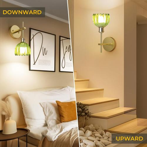 Battery Operated Wall Sconce with Green Tulip-Shaped Lampshades, Wireless Rechargeable Sconces Wall Decor Set of 2 with Remote Control, 12 RGB Colors & 3 CCT Settings (Green)