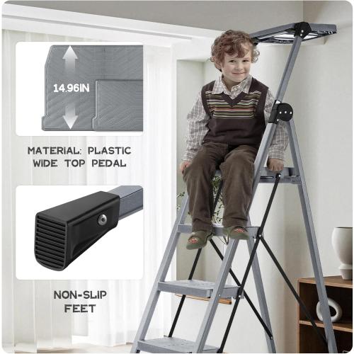 XinSunho 4 Step Ladder, Foldable Step Stool Ladder with Handrails & Tray, 660 lbs Heavy Duty Wide Pedals, Sturdy Steel Folding Ladder for Kitchen, Home, and Household Use