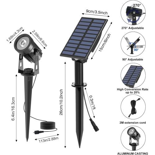 T-SUNUS Christmas Solar Landscape Spotlights White 6000K Metal, Garden Spot Lights Outdoor IP65 Waterproof 9.8ft Cable Separated Panel, Auto On/Off for Tree Flag Driveway Pathway Halloween Pool Area