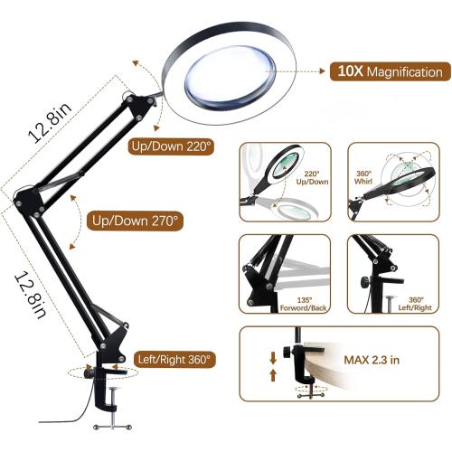 10X Magnifying Glass with Light and Clamp, Magnifier with Light Hands Free3 Color Modes Stepless Dimmable, 72 LEDs Real Glass Lens Magnifying Lamp for Close Work, Repair, Reading, Craft