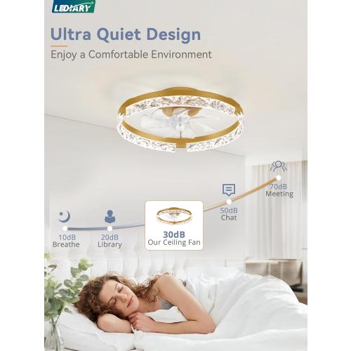 LEDIARY 20 Inch Low Profile Ceiling Fans with Lights and Remote, Fandelier Ceiling Fan Flush Mount, 3000K-6000K Dimmable LED Fan Light, Gold Modern Ceiling Fans with Lights for Bedroom