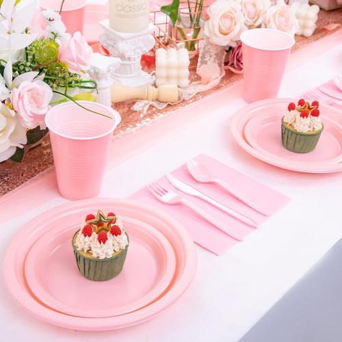 Set of 210 Color Pink WELLIFE 210 Pieces Pink Party Supplies, Disposable Dinnerware Set, Including Pink Plastic Plates, 16OZ Cups, Plastic Cutlery and Napkins Serve 30 Guests for Party