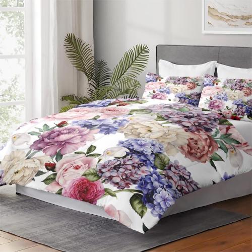 White and flowers King Size Comforter Set with 2 Pillowcases, Painting Floral Rose Flower Hydrangea Soft 3 Pcs Bedding for Kids and Adults Bedroom Bed Decor