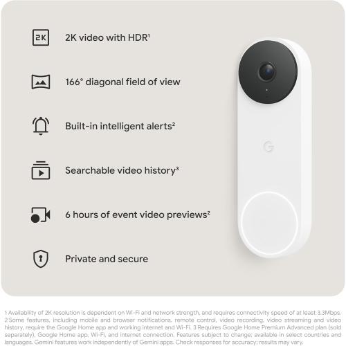 Google Nest Doorbell (Wired, 3rd Gen) - 2K Video and Gemini, Live View, Night Vision, 2-Way Audio - Works with Google Home - 2025 Model - Snow
