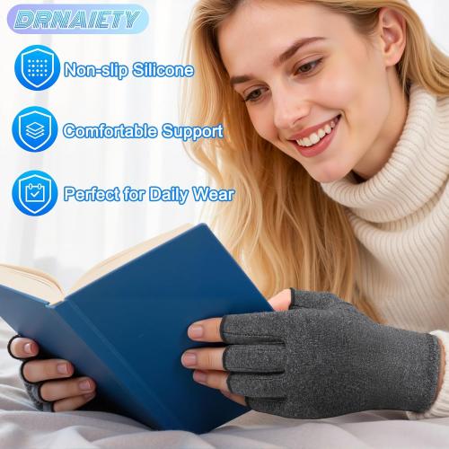 DRNAIETY 2 Pairs Arthritis Compression Gloves- for Hand Arthritis, Carpal Tunnel Pain, Rheumatoid Arthritis, RSI, Fingerless, Anti-Slip, Breathable Gloves for Men & Women, Typing, Daily Use(M, Gray)