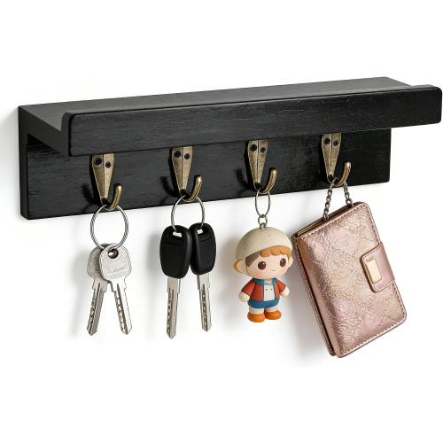 Gulex Key Holder Wall Mount, Rustic Wooden for Organize Keys and Mail Black